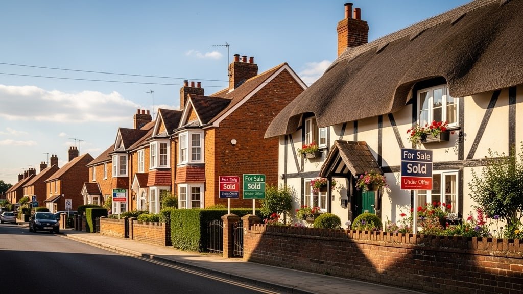 Hampshire village high street with properties for sale showing the local property market
