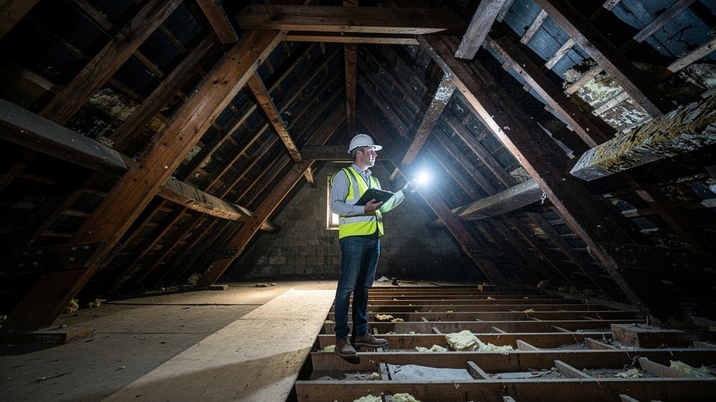 Building surveyor inspecting Victorian roof timbers in a loft space during a property survey