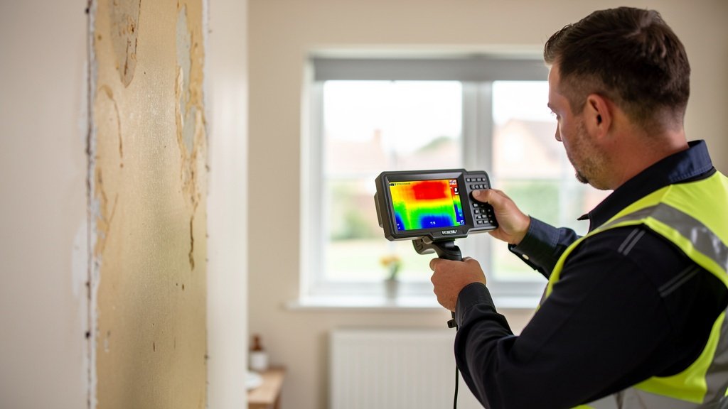 Surveyor using thermal imaging camera on a house wall showing heat loss patterns