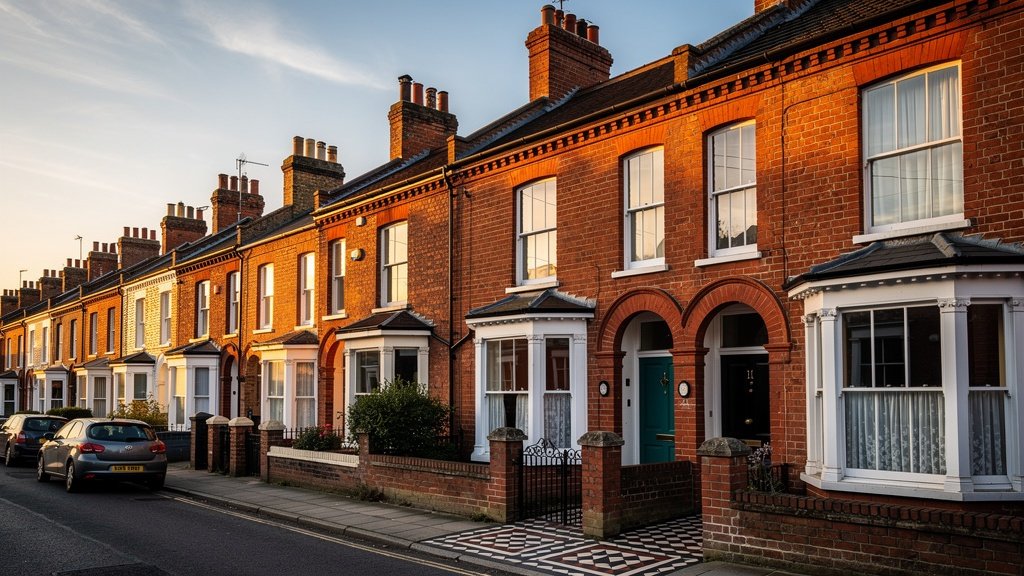Victorian and Edwardian terraced houses in Hampshire showing period architectural features, bay windows and chimney stacks