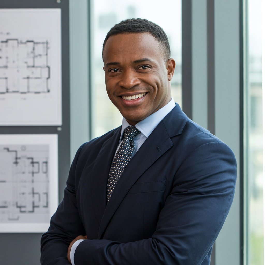 Marcus Okafor, Senior Property Surveyor at Basingstoke Surveyor, in a professional office environment