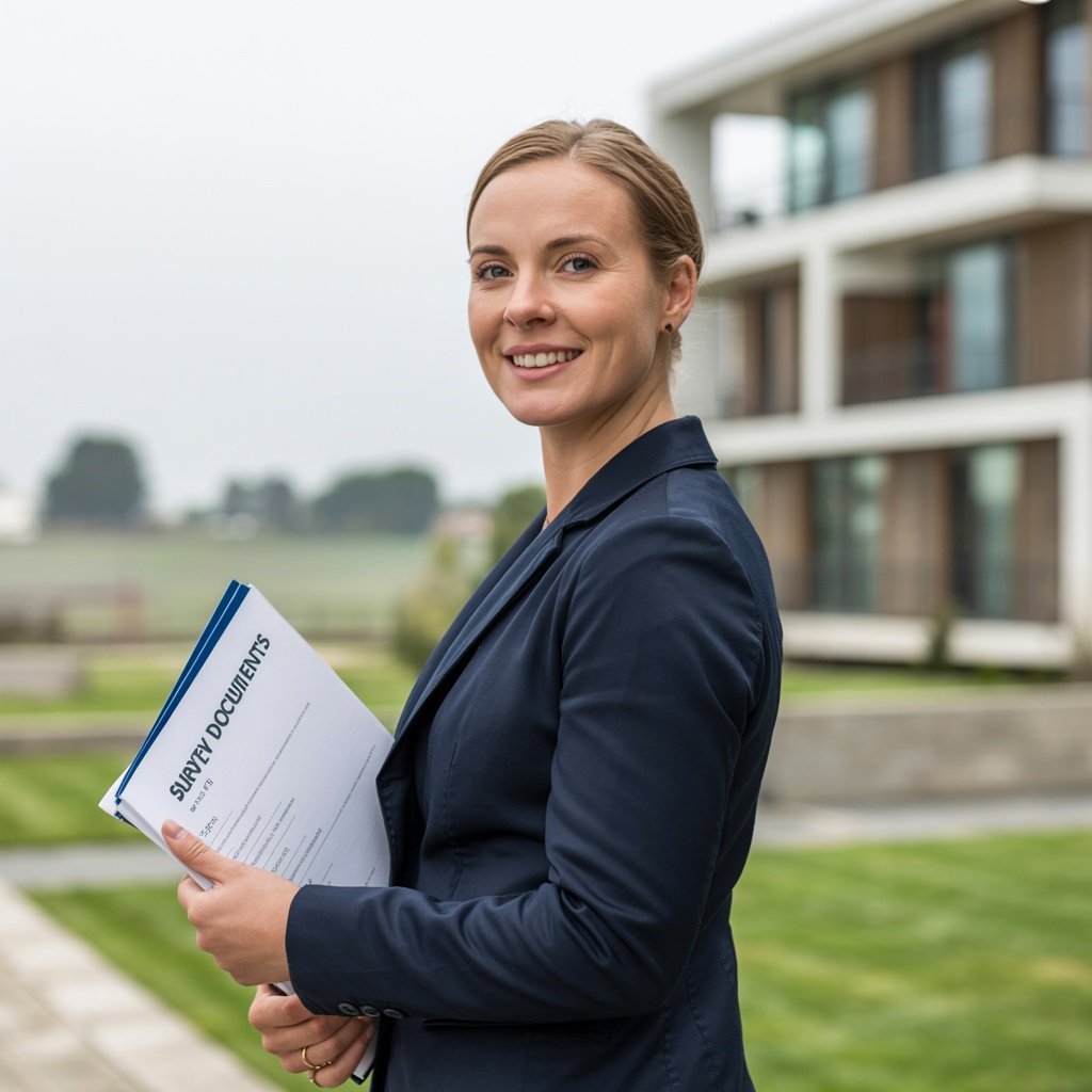 Sarah Whitfield, Building Surveyor at Basingstoke Surveyor, smiling outside a new build development in Hampshire